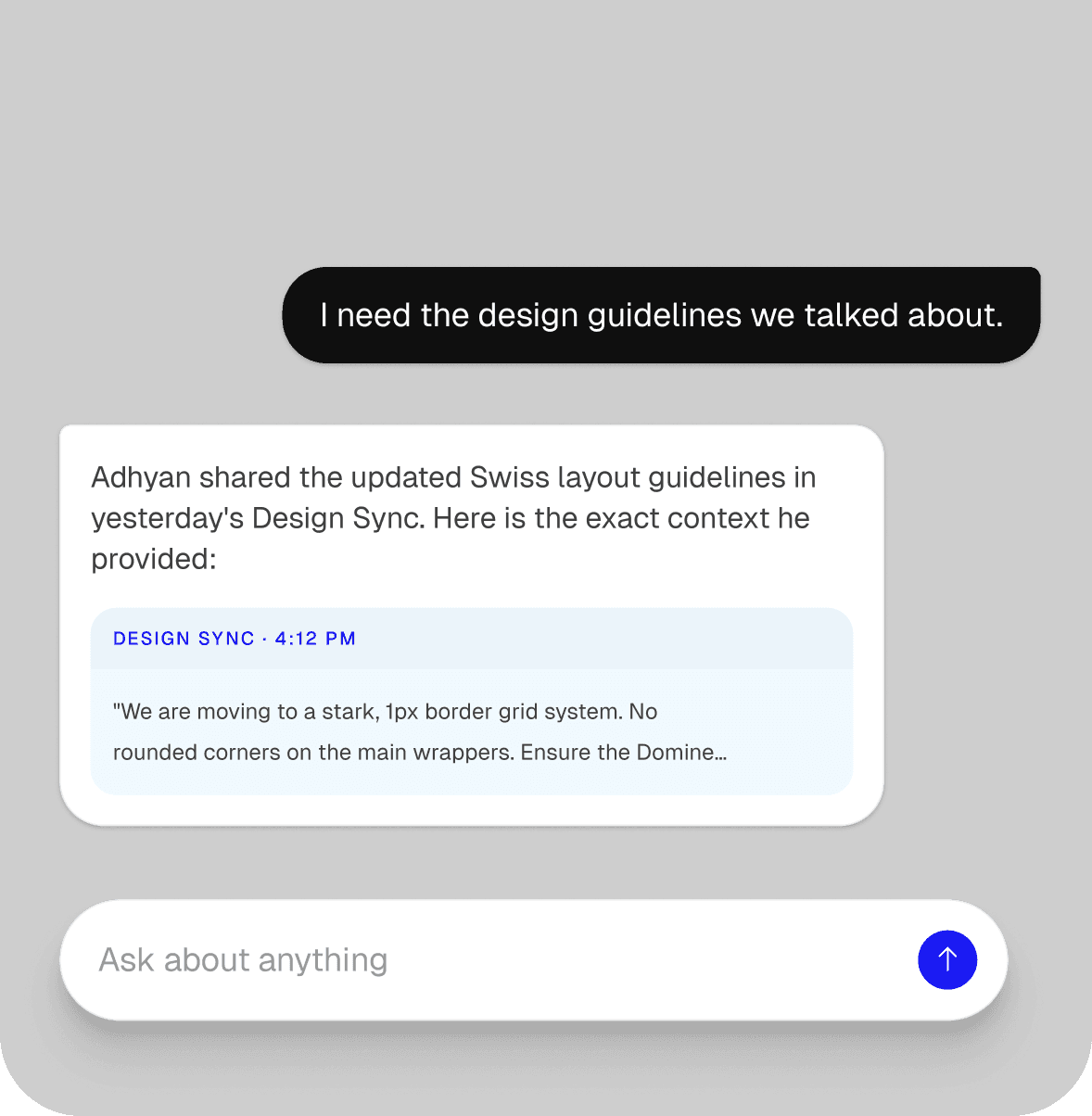 Trace drafting a reply that already carries the context from a past Design Sync
